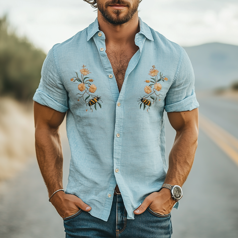 Men's Summer Fashion Casual Cotton and Linen Animal and Flower Embroidered Short Sleeve Shirt