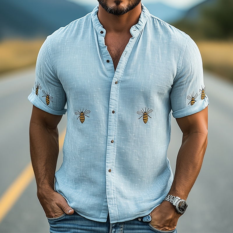 Men's Summer Fashion Casual Stand Collar Cotton and Linen Animal Embroidery Short Sleeve Shirt