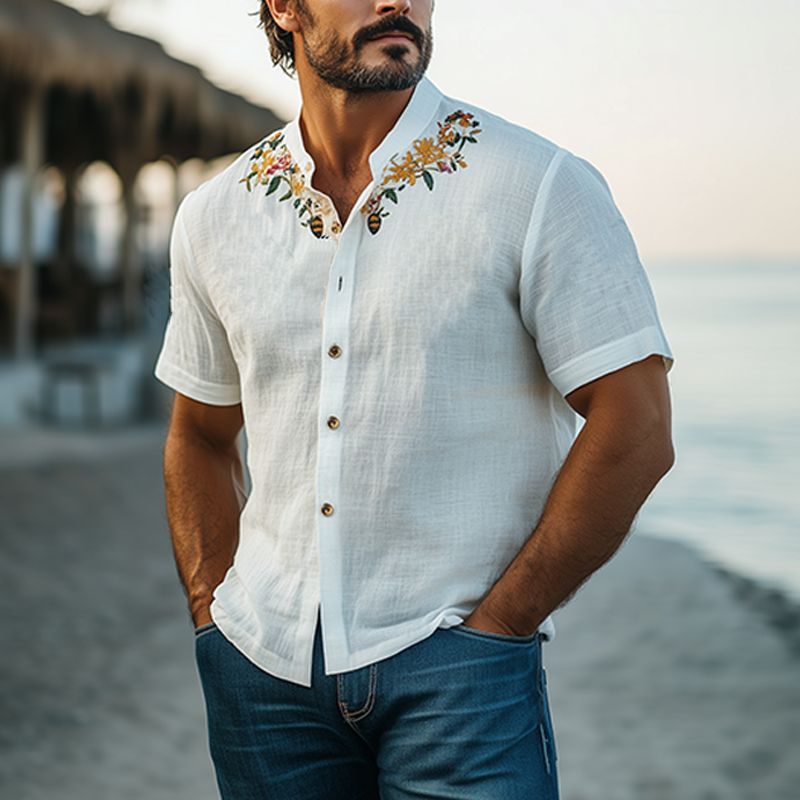 Men's Summer Casual Hawaiian Style Stand Collar Cotton and Linen Embroidered Short-sleeved Shirt