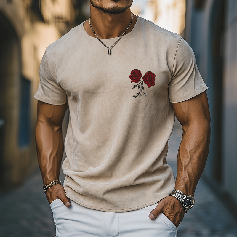 Men's Summer Fashion Casual Thin Suede Rose Embroidered Short Sleeve T-shirt