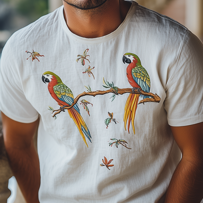 Men's Summer Fashion Hawaiian Style Cotton Blended Animal Embroidery Short Sleeve T-Shirt
