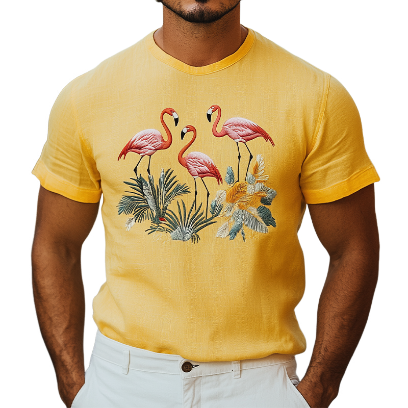 T-shirt d'été à manches courtes pour homme, style hawaïen, en coton et lin, avec broderies d'animaux 