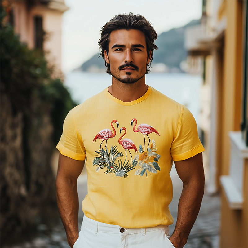 Men's Summer Fashion Hawaiian Style Cotton and Linen Animal Embroidery Short Sleeve T-Shirt