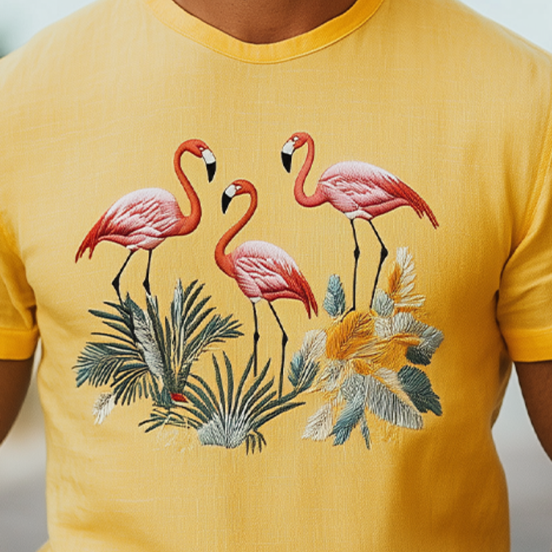 T-shirt d'été à manches courtes pour homme, style hawaïen, en coton et lin, avec broderies d'animaux 