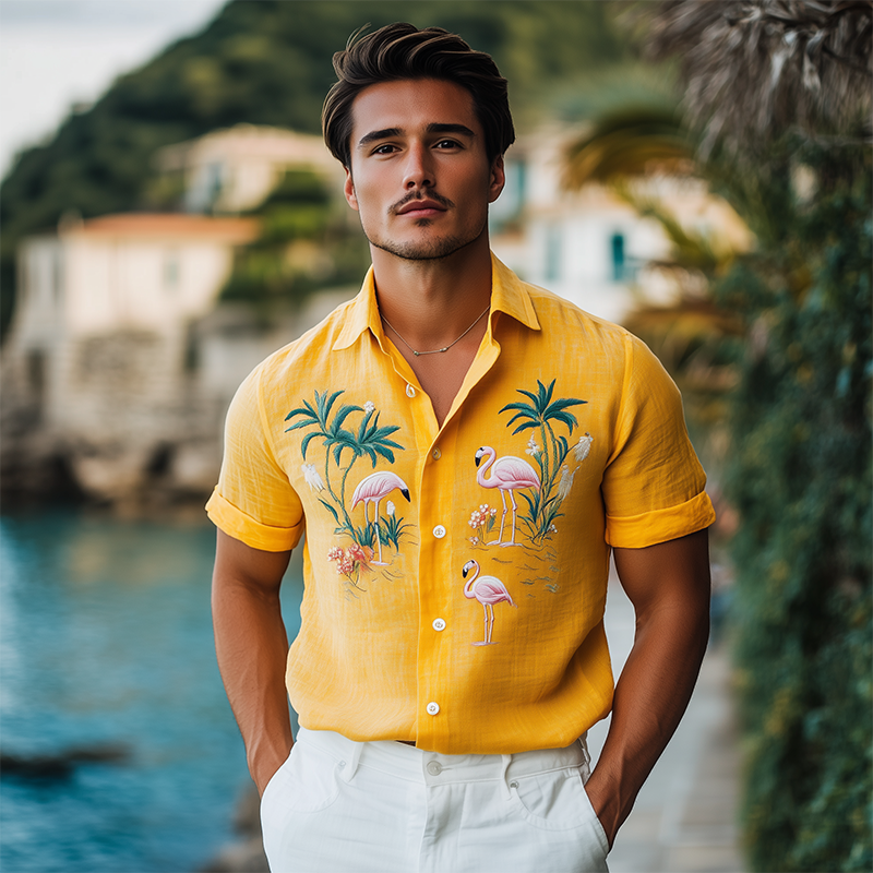 Men's Summer Fashion Hawaiian Style Cotton and Linen Animal Embroidery Short Sleeve Shirt