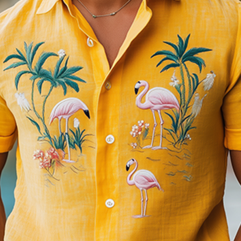 Chemise d'été à manches courtes pour homme, style hawaïen, en coton et lin, avec broderies d'animaux 