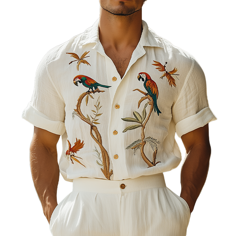 Chemise hawaïenne à manches courtes pour homme, style été, avec broderies d'animaux en ramie 