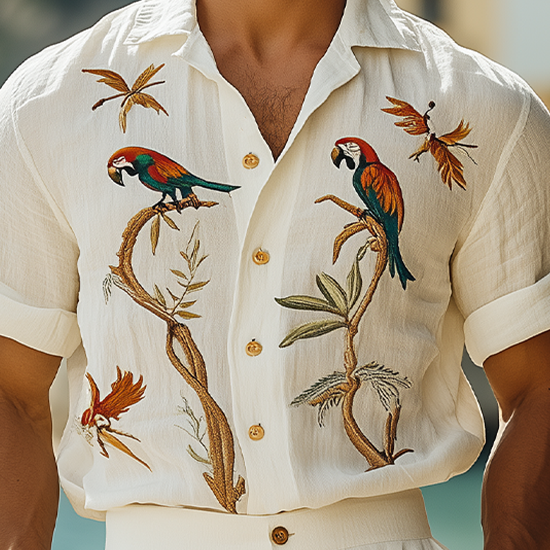 Men's Summer Fashion Hawaiian Style Ramie Animal Embroidery Short Sleeve Shirt