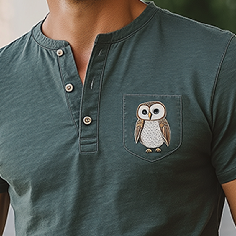 T-shirt d'été décontracté en coton mélangé pour homme, coupe ajustée, col Henley, poche, broderie animalière, manches courtes