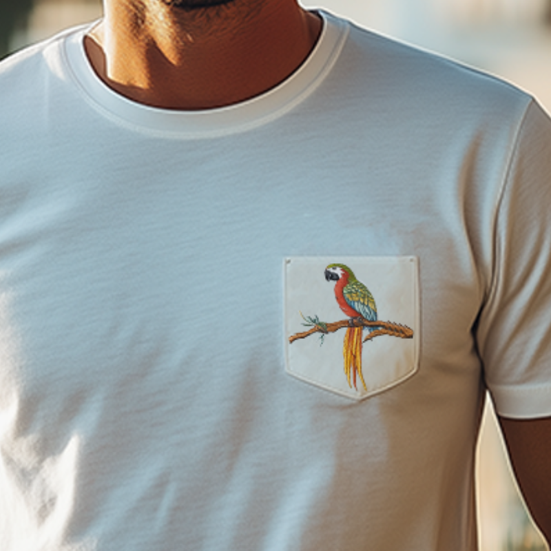Men's Summer Casual Cotton Blended Slim Pocket Animal Embroidery Short Sleeve T-Shirt