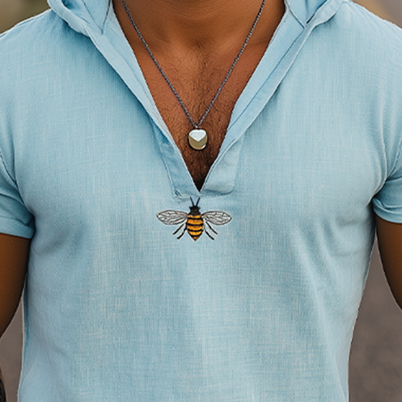Men's Summer Casual Hooded Slim Fit Cotton and Linen Animal Embroidered Short Sleeve T-shirt