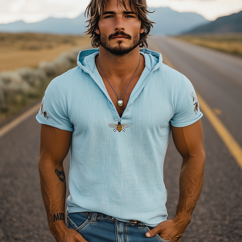 T-shirt d'été décontracté à capuche pour homme, coupe ajustée, en coton et lin, avec broderies d'animaux, manches courtes