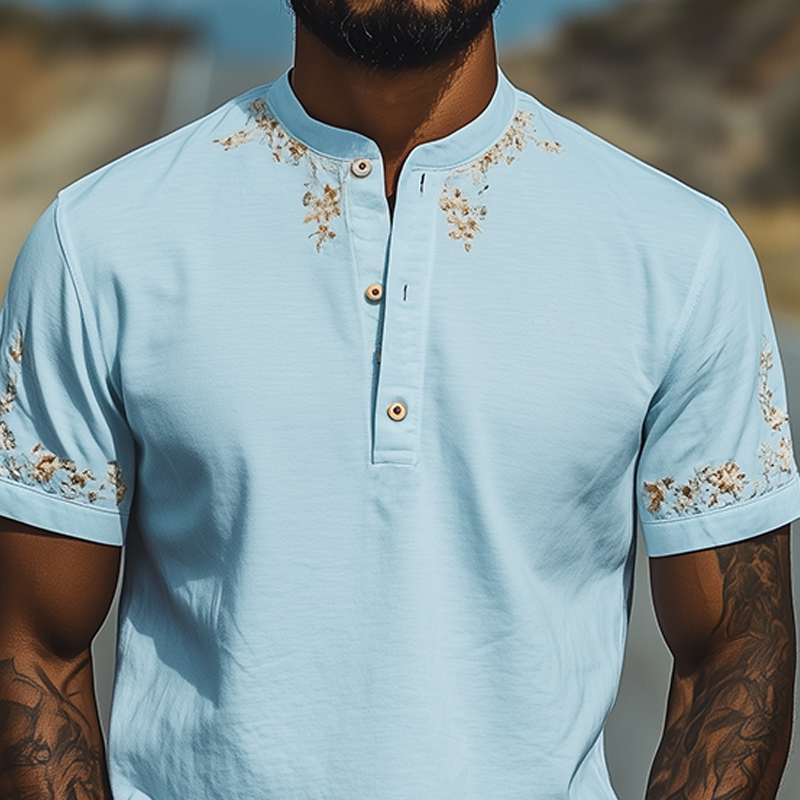 Men's Summer Fashion Casual Henley Collar Cotton Blend Osmanthus Embroidered Short Sleeve T-Shirt