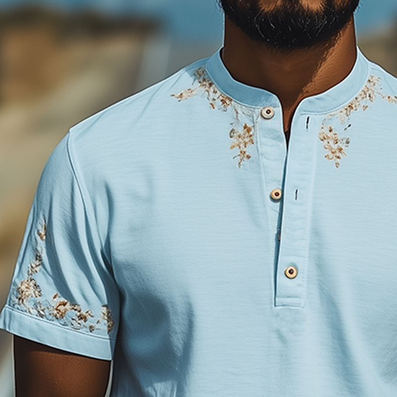 Men's Summer Fashion Casual Henley Collar Cotton Blend Osmanthus Embroidered Short Sleeve T-Shirt