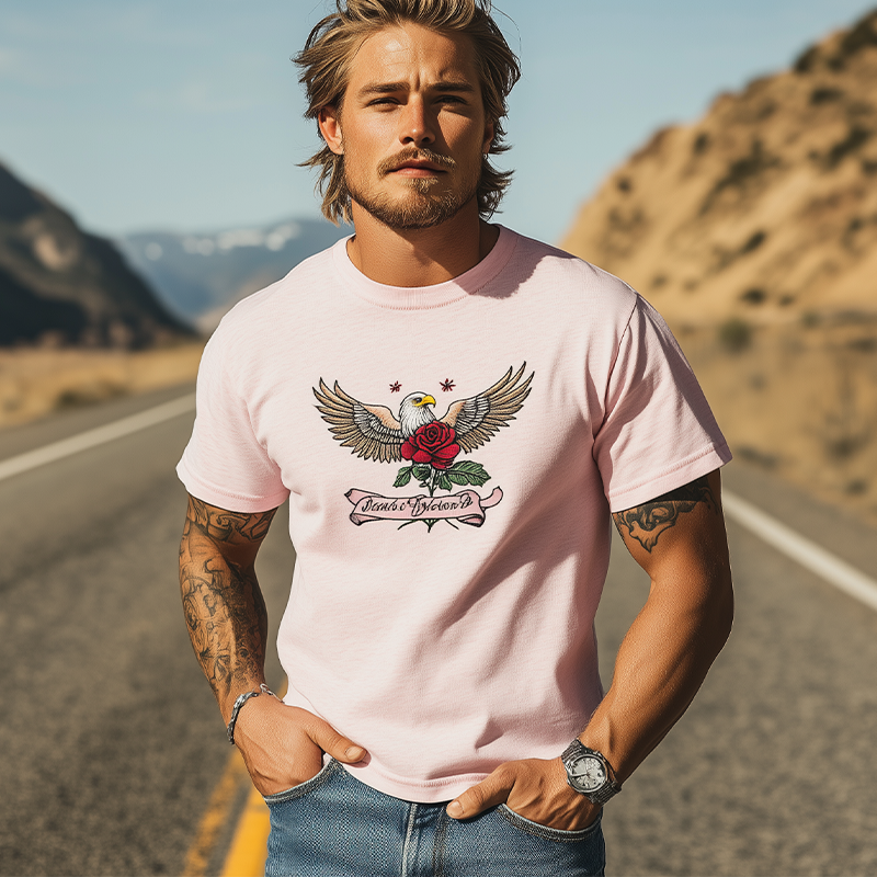 Men's Summer Fashion Casual Cotton Blended Bald Eagle and Rose Embroidered Short Sleeve T-Shirt