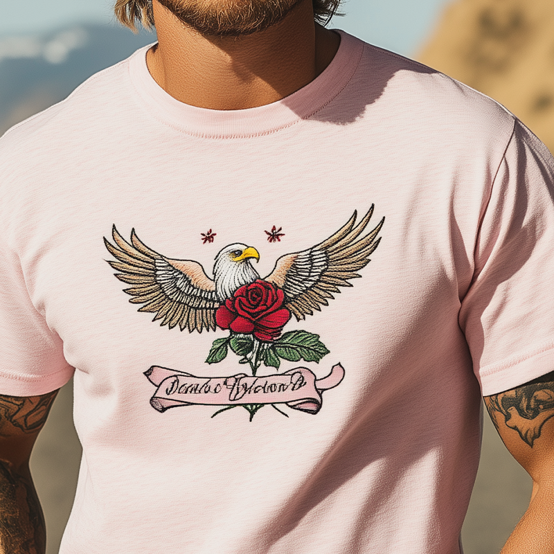 T-shirt à manches courtes pour homme, décontracté et tendance, en coton mélangé, avec broderie aigle à tête blanche et rose