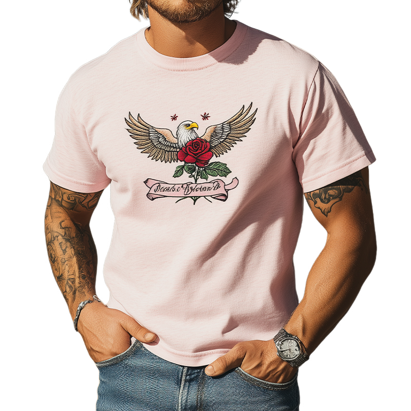 T-shirt à manches courtes pour homme, décontracté et tendance, en coton mélangé, avec broderie aigle à tête blanche et rose