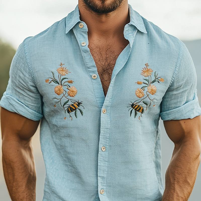 Men's Summer Fashion Casual Cotton and Linen Animal and Flower Embroidered Short Sleeve Shirt