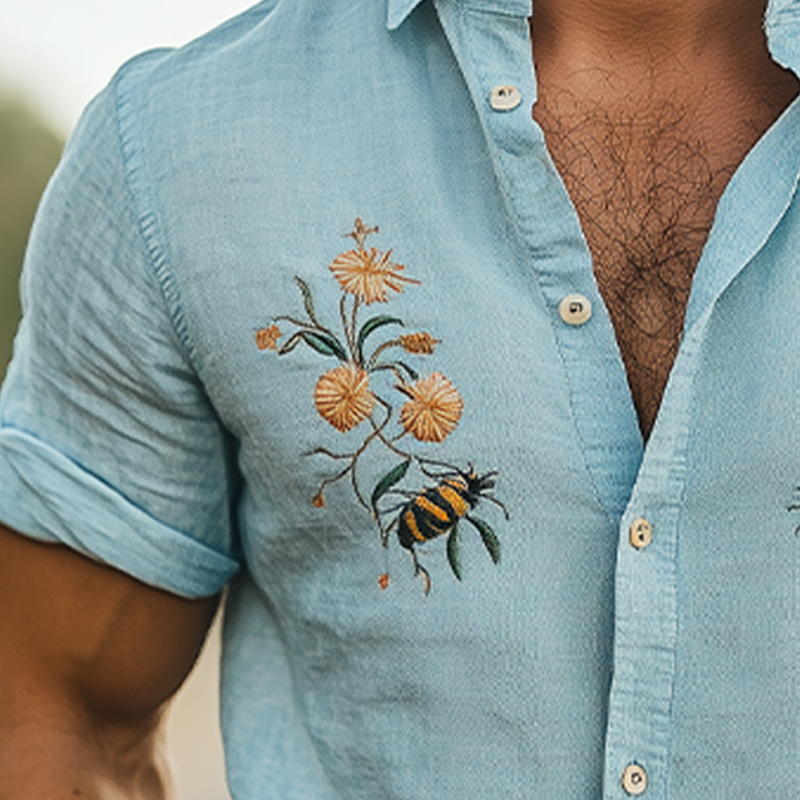 Men's Summer Fashion Casual Cotton and Linen Animal and Flower Embroidered Short Sleeve Shirt