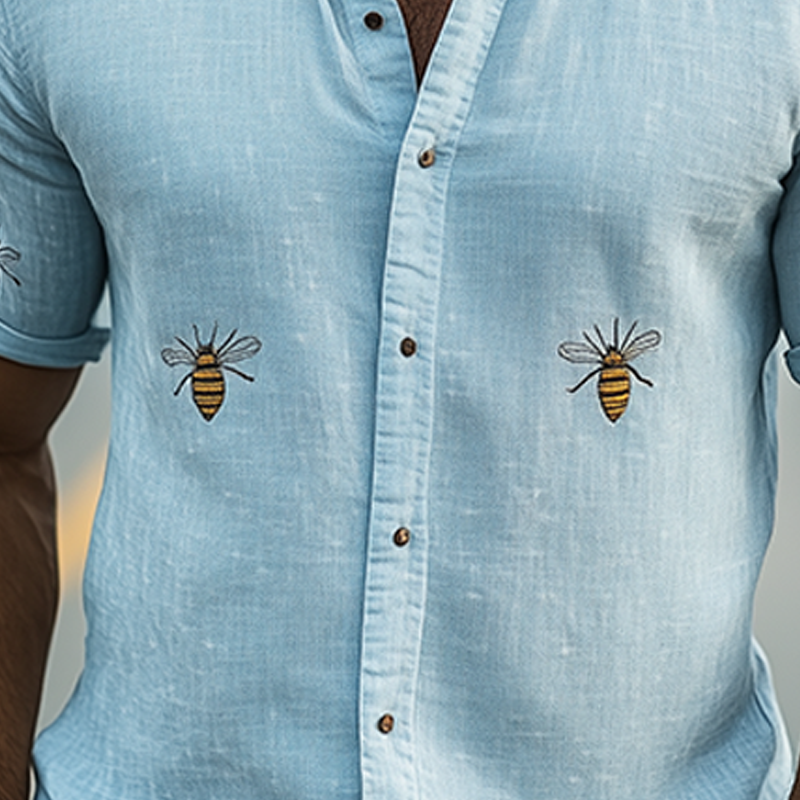 Chemise d'été décontractée à manches courtes et col montant pour homme, en coton et lin, avec broderies d'animaux