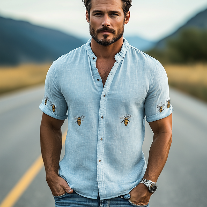Men's Summer Fashion Casual Stand Collar Cotton and Linen Animal Embroidery Short Sleeve Shirt