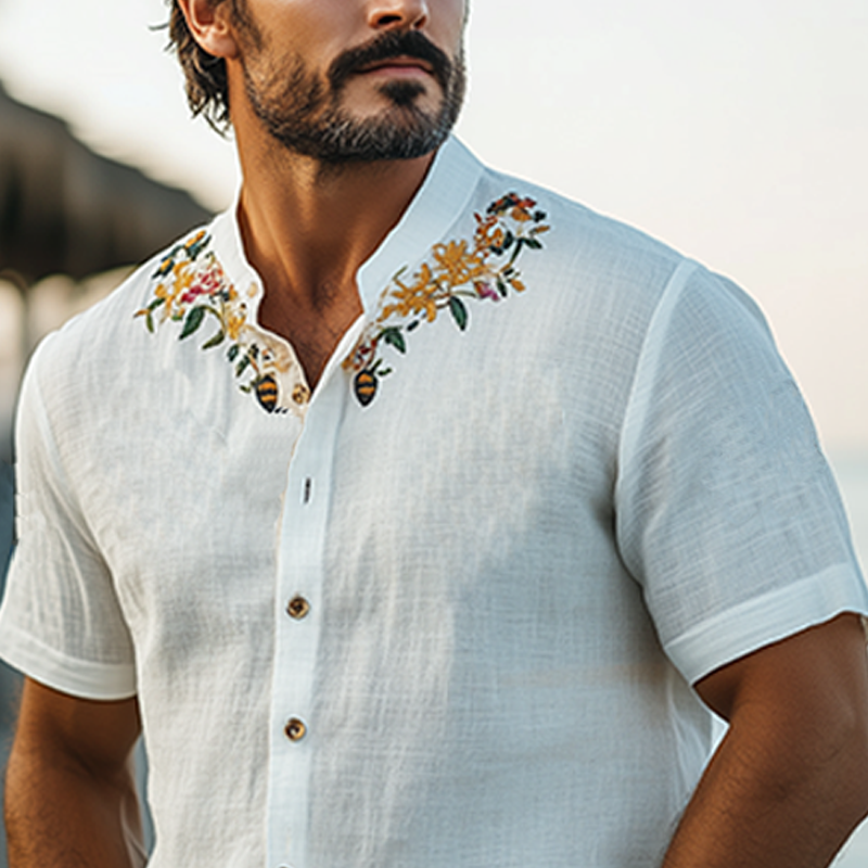 Men's Summer Casual Hawaiian Style Stand Collar Cotton and Linen Embroidered Short-sleeved Shirt