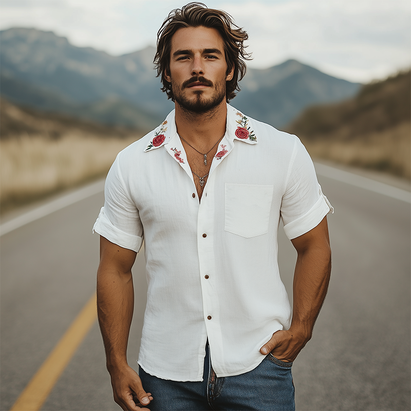 Men's Summer Fashion Casual Cotton and Linen Cuban Collar Rose Embroidered Short-sleeved Shirt