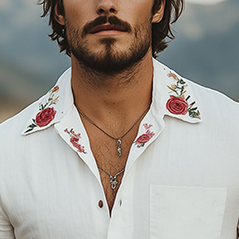 Chemise d'été décontractée à manches courtes en coton et lin pour homme, col cubain, broderie de roses