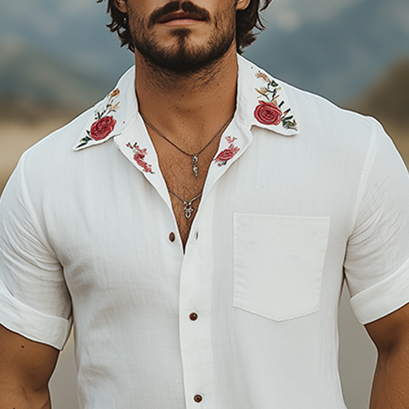 Chemise d'été décontractée à manches courtes en coton et lin pour homme, col cubain, broderie de roses