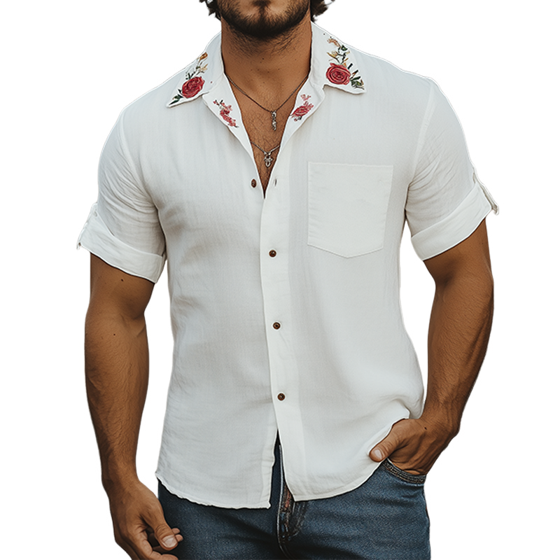 Chemise d'été décontractée à manches courtes en coton et lin pour homme, col cubain, broderie de roses