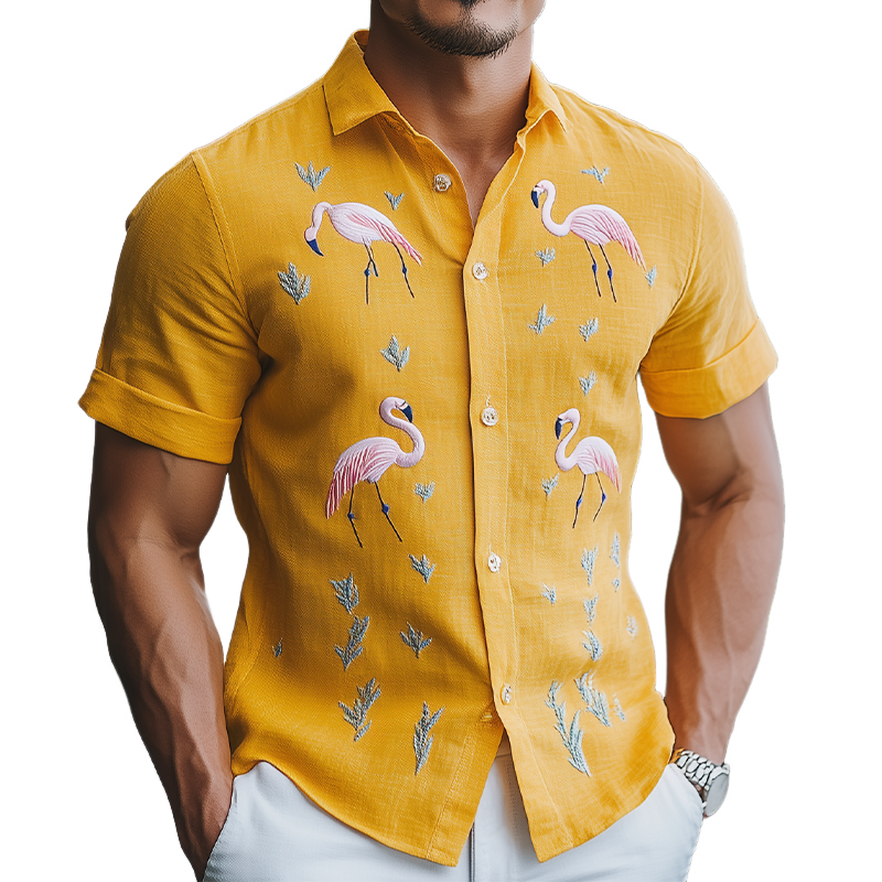 Chemise d'été à manches courtes pour homme, style hawaïen, en coton et lin, brodée de flamants roses