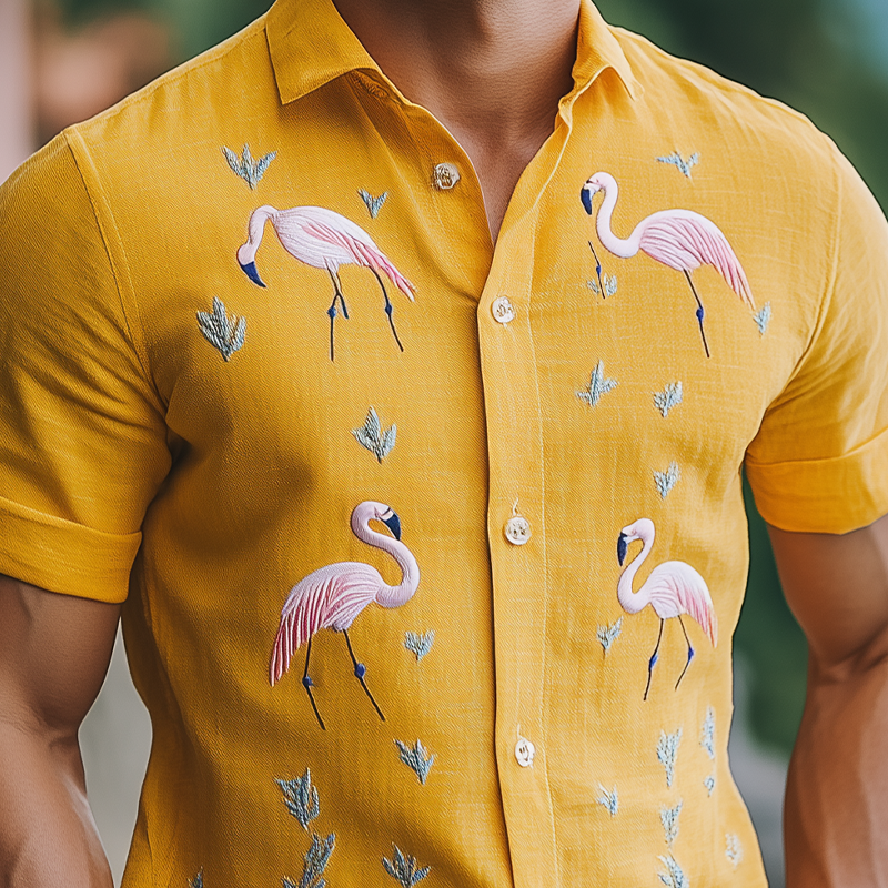 Men's Summer Fashion Hawaiian Style Cotton and Linen Flamingo Embroidered Short Sleeve Shirt