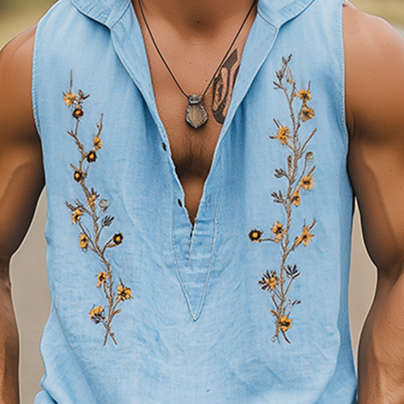 Débardeur à capuche à col en V profond pour homme, décontracté, en coton et lin, avec broderie florale
