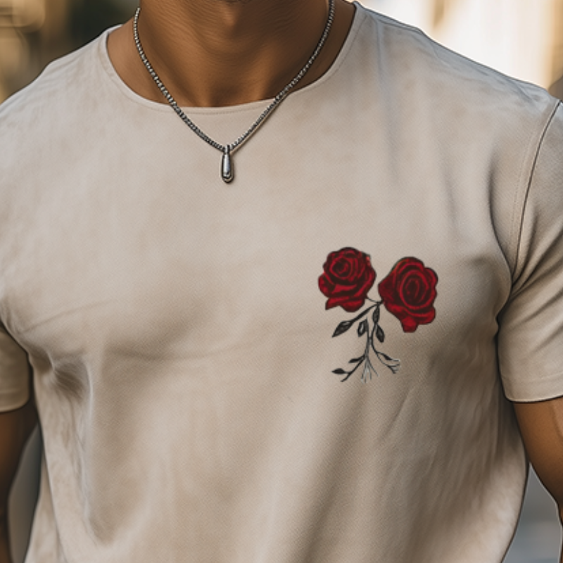 Men's Summer Fashion Casual Thin Suede Rose Embroidered Short Sleeve T-shirt