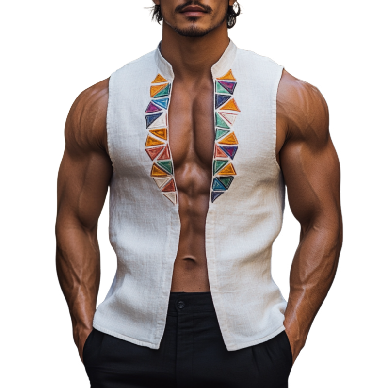 Men's Casual Linen Stand Collar Colorful Triangle Embroidery Sleeveless Shirt