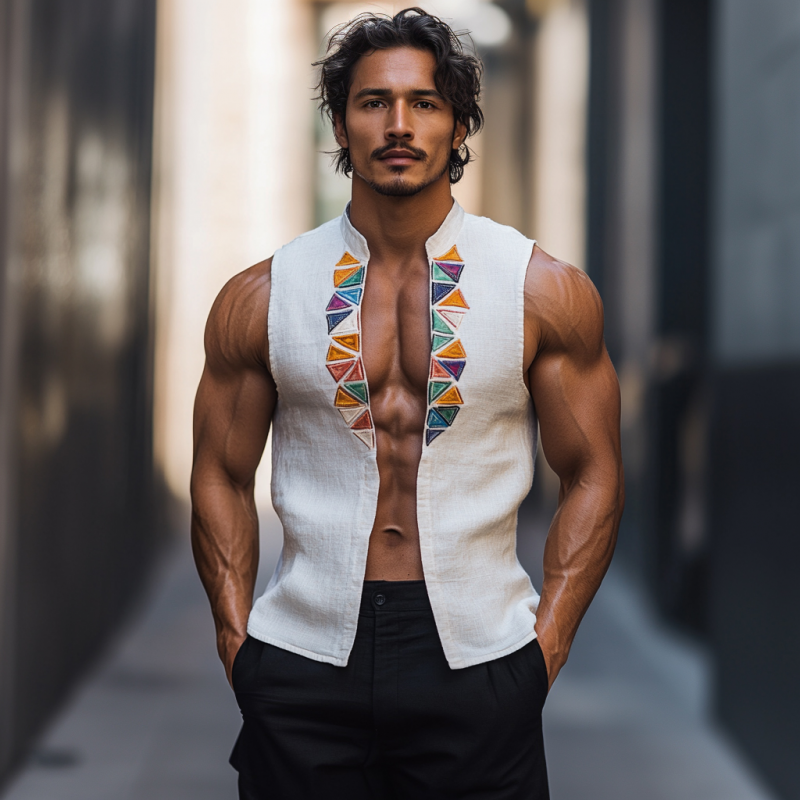 Men's Casual Linen Stand Collar Colorful Triangle Embroidery Sleeveless Shirt