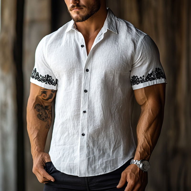 Men's Casual Floral Embroidered Linen Lapel Slim Fit Short Sleeve Shirt