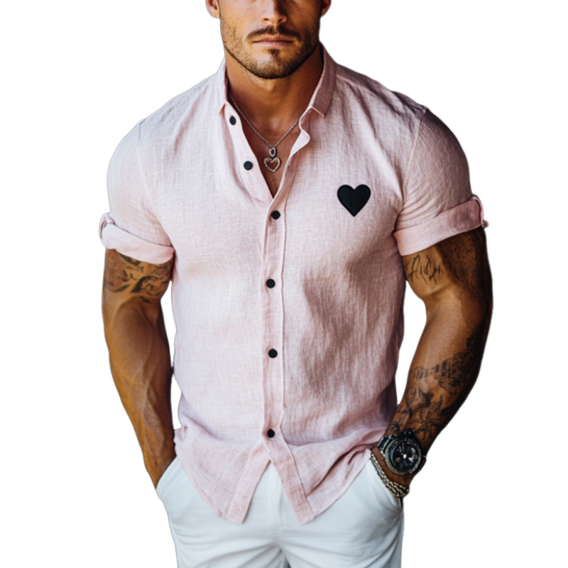 Chemise décontractée à manches courtes et revers en lin pour homme, coupe slim, avec broderie cœur