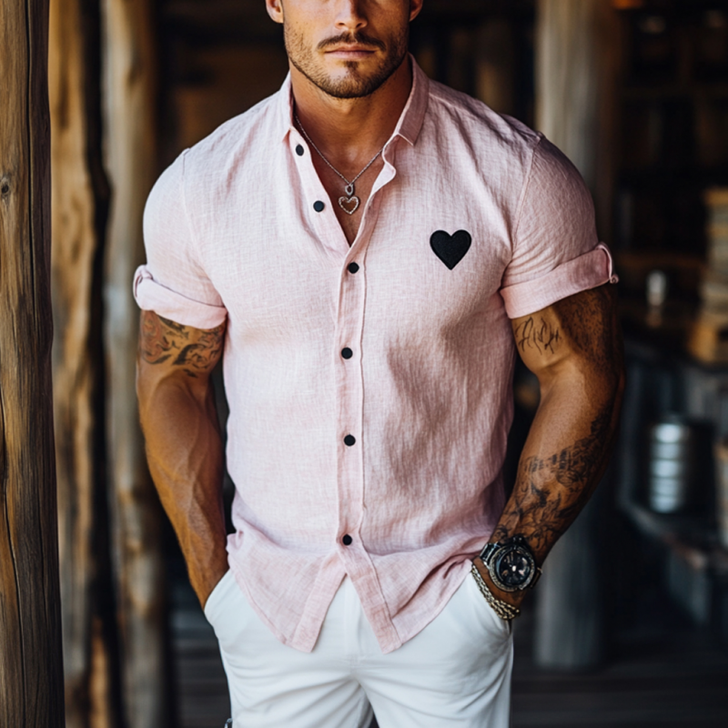 Men's Casual Heart Embroidered Linen Lapel Slim Fit Short Sleeve Shirt