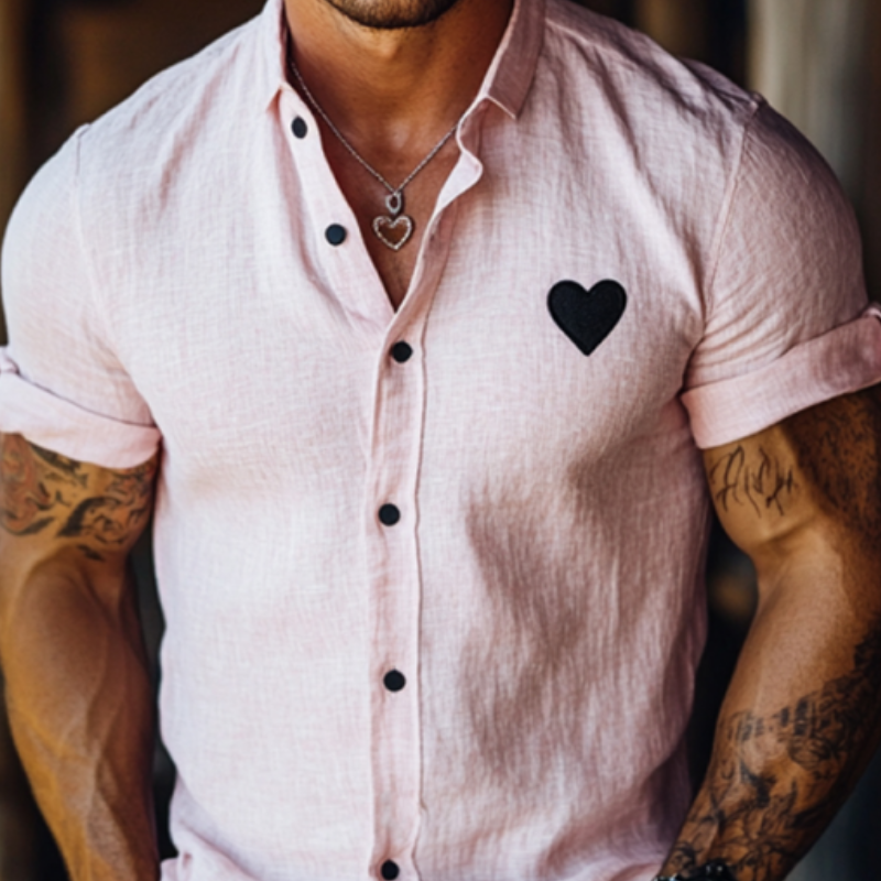 Men's Casual Heart Embroidered Linen Lapel Slim Fit Short Sleeve Shirt