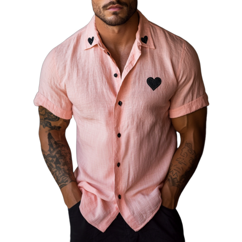 Chemise décontractée à manches courtes et revers en lin pour homme, coupe slim, avec broderie cœur