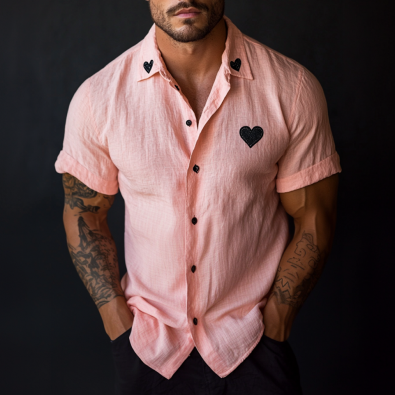Men's Casual Heart Embroidered Linen Lapel Slim Fit Short Sleeve Shirt