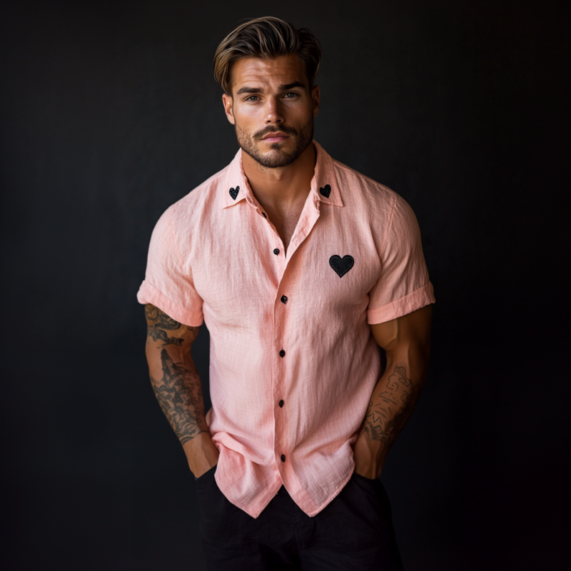 Men's Casual Heart Embroidered Linen Lapel Slim Fit Short Sleeve Shirt