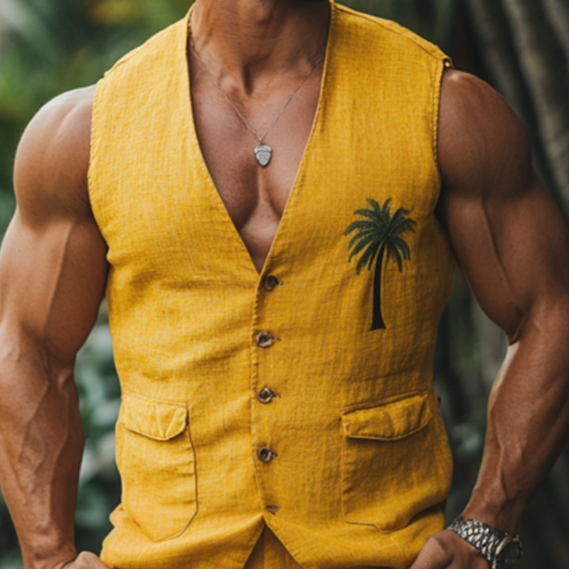 Men's Casual Palm Tree Embroidery Linen V-Neck Single Breasted Slim Fit Suit Vest