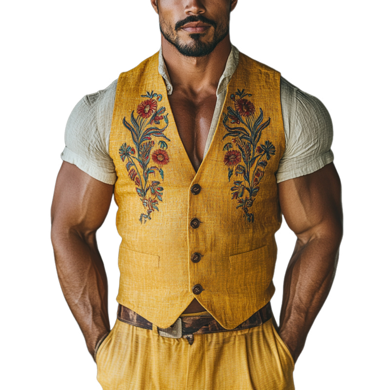 Gilet de costume slim décontracté en lin brodé de fleurs pour homme, col en V, simple boutonnage