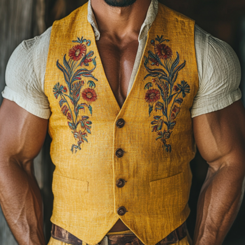 Men's Casual Flower Embroidered Linen V-Neck Single-Breasted Slim Suit Vest