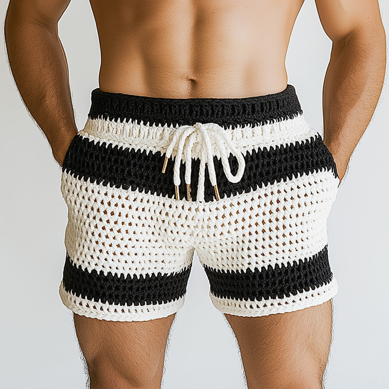 Men's Summer Striped Hollow Breathable Comfortable Knitted Shorts ASW2279D9P