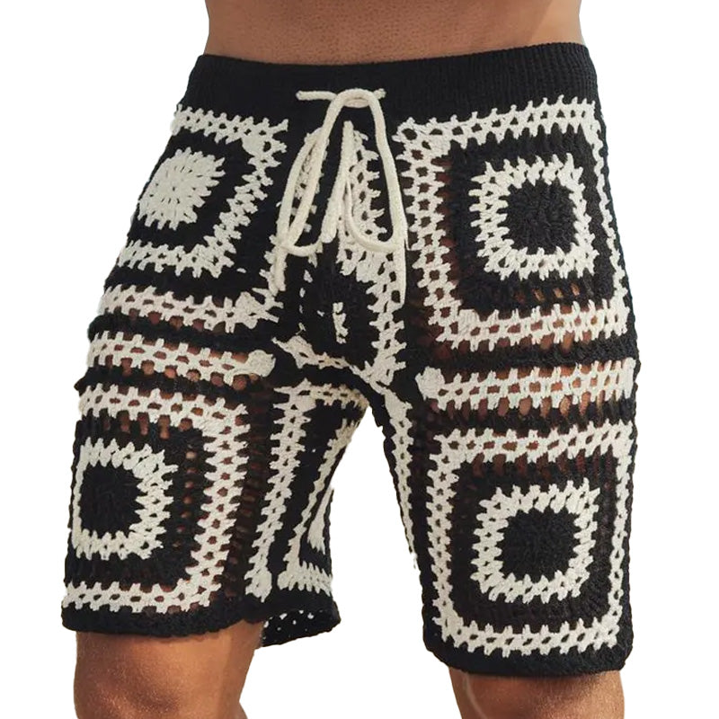 Men's Summer Geometric Pattern Hollow Breathable Comfortable Knitted Shorts ASW2245D6P