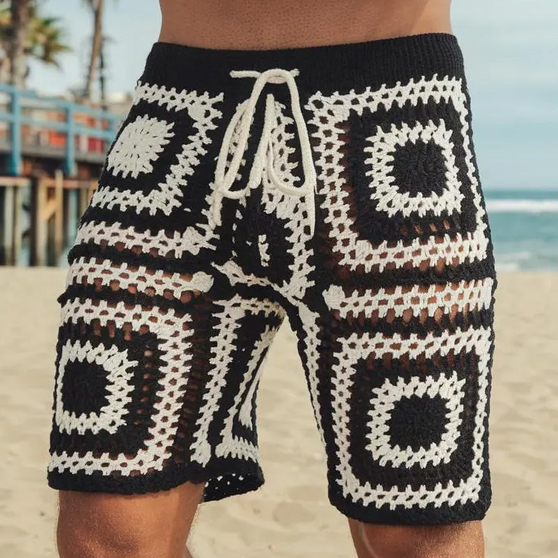 Men's Summer Geometric Pattern Hollow Breathable Comfortable Knitted Shorts ASW2245D6P