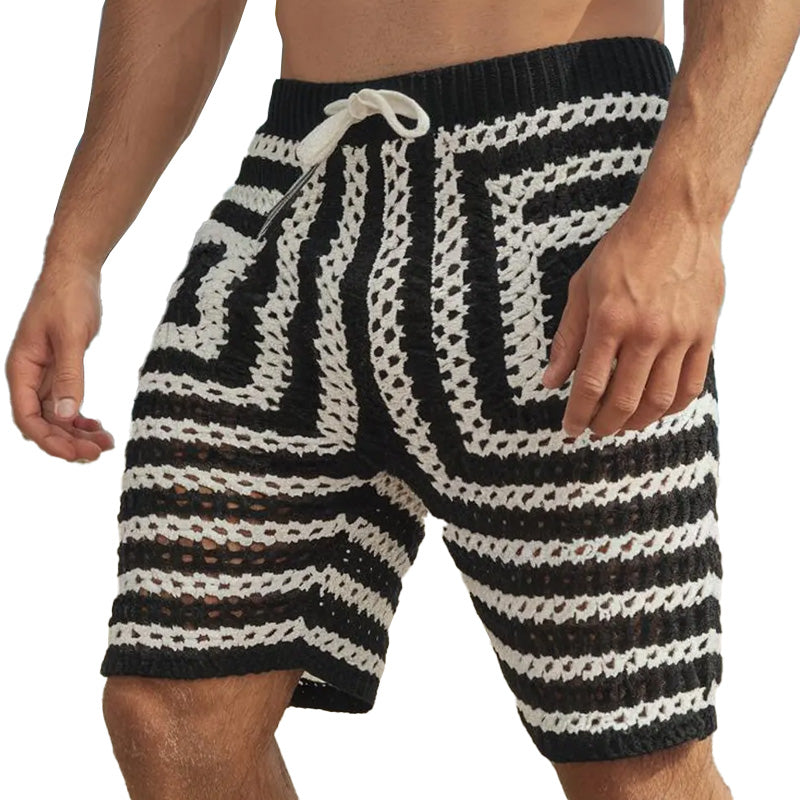 Men's Summer Fashion Hollow Breathable Black and White Knitted Shorts ASW2224D5P